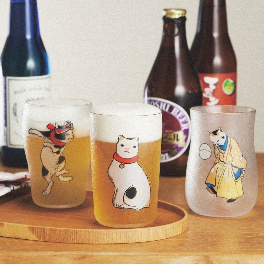 ADERIA 歌川國芳 江戶貓啤酒杯木製禮盒 ╭ 3入 ╮