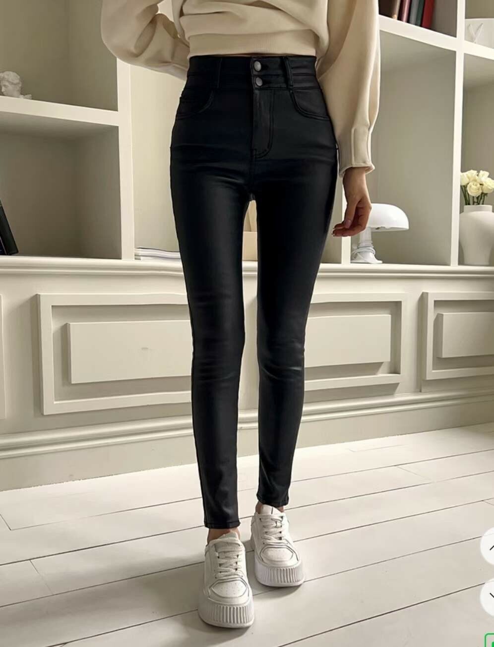 2212100-1065內刷毛雙釦PU皮質高腰長褲  L號現貨