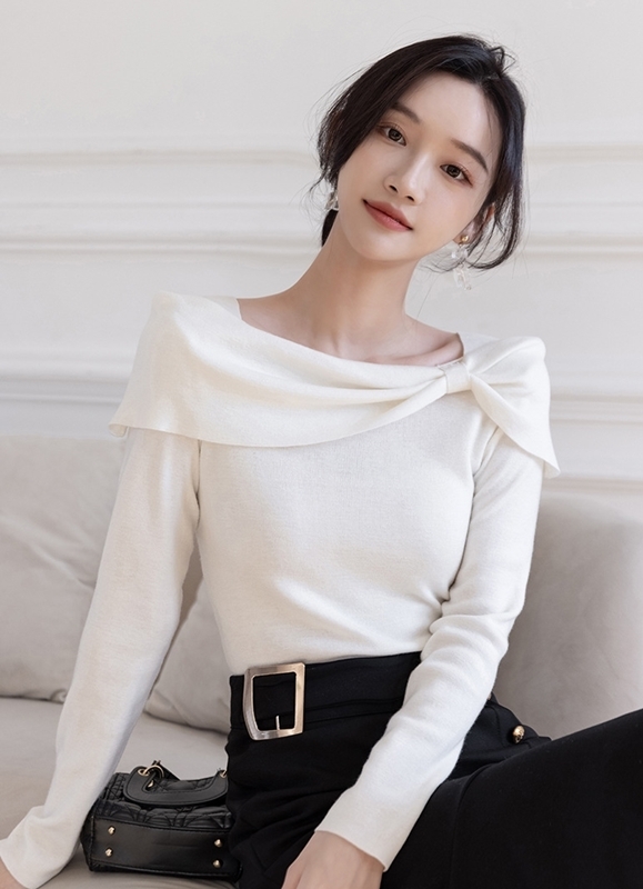 蝴蝶結翻領針織上衣 兩色