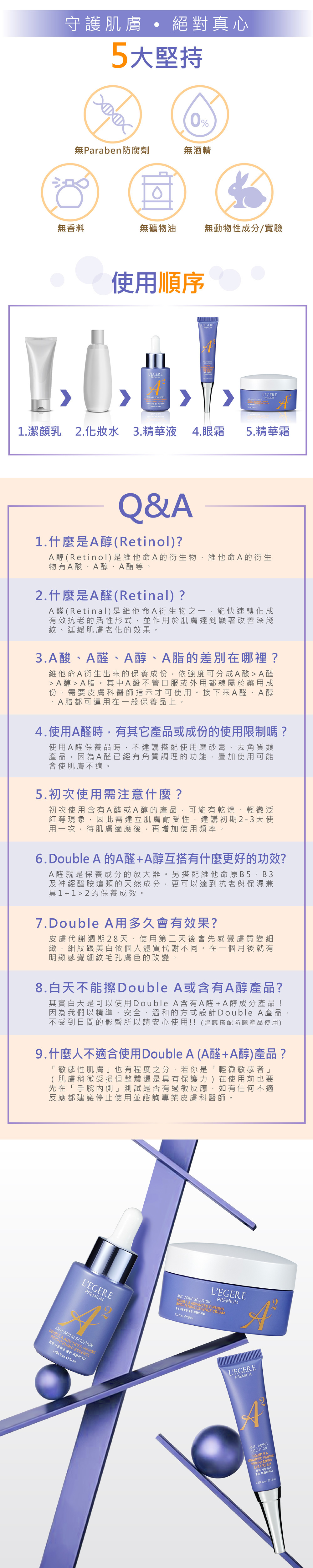 L'EGERE蘭吉兒 Double A 極致雙A緊緻提亮系列 開價首創A醛+A醇 無香料 無礦物油 無酒精 無paraben類防腐劑
