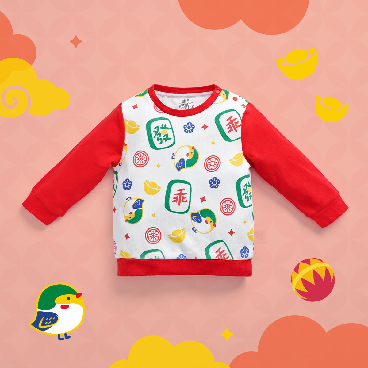 OMLST02RD_OMYMONSTER 乖乖麻雀長袖上衣 （紅色）