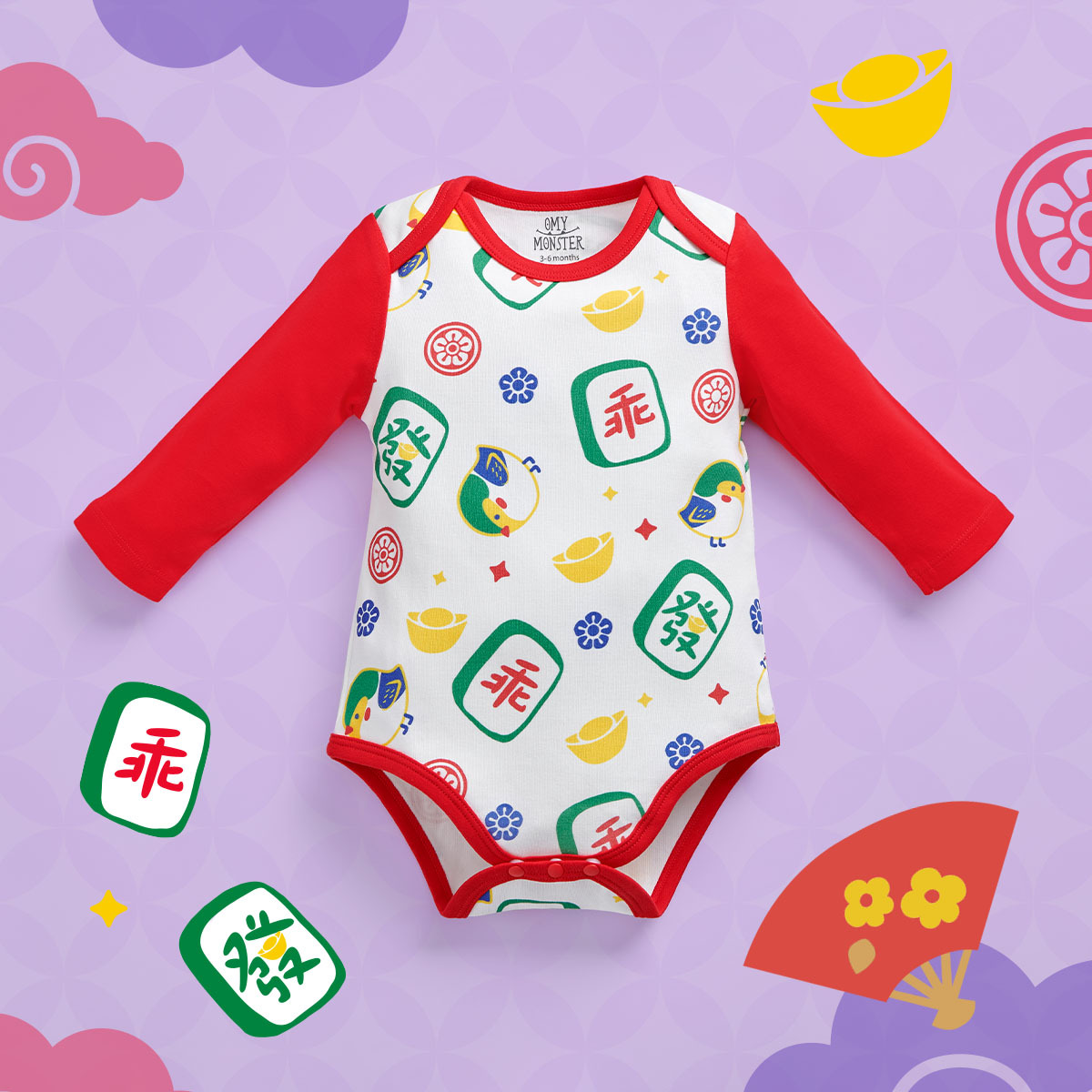 OMBS02RD_OMYMONSTER 乖乖麻雀長袖包屁衣 (紅色）