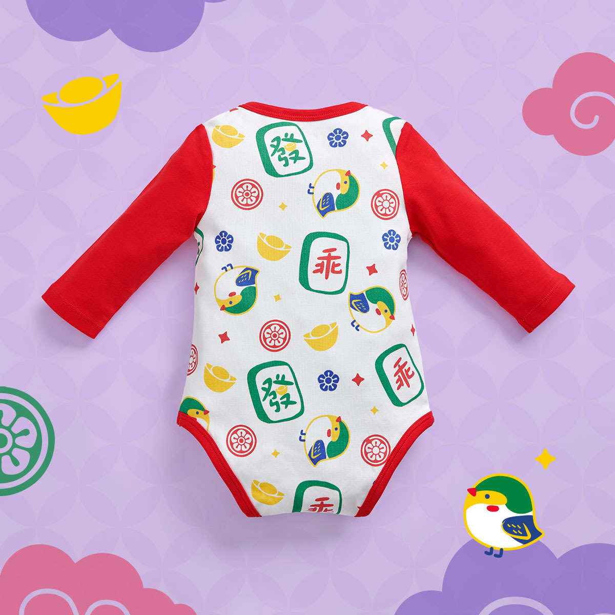 OMBS02RD_OMYMONSTER 乖乖麻雀長袖包屁衣 (紅色）