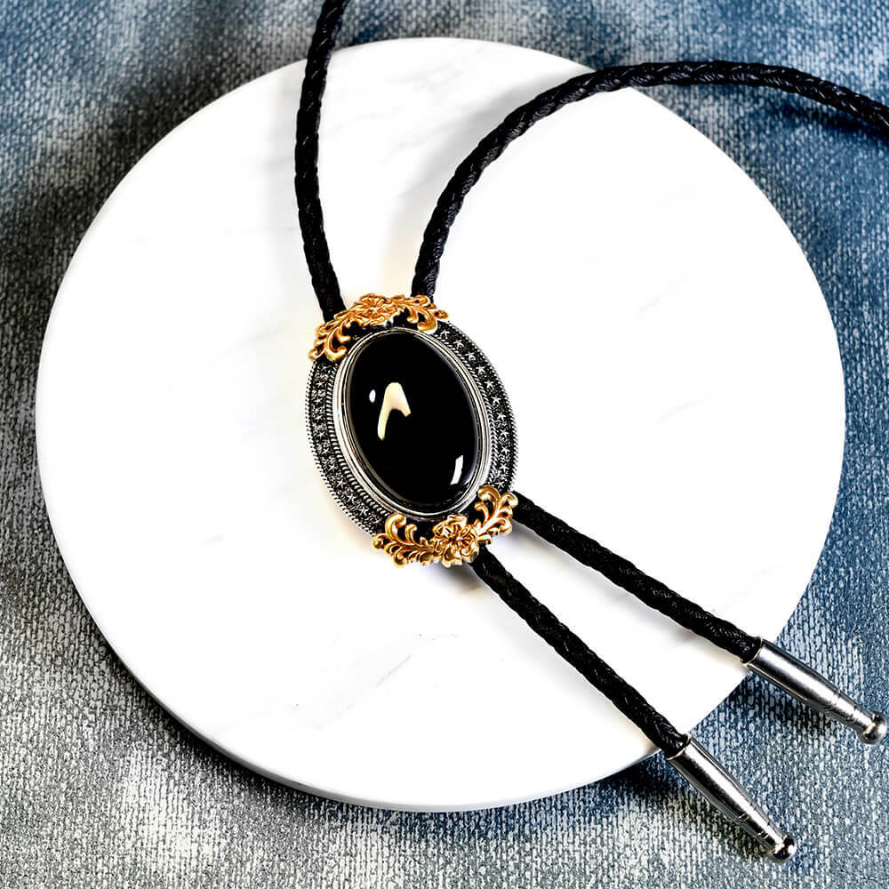 五行開運(水) - 西部唐草紋鑲黑石保羅領帶/BoloTie/美式領帶－快速出貨