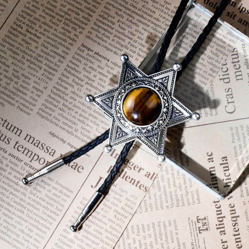 五行開運(土) - 正義之星 虎眼石 真皮皮繩 保羅領帶/BoloTie/美式領帶－快速出貨