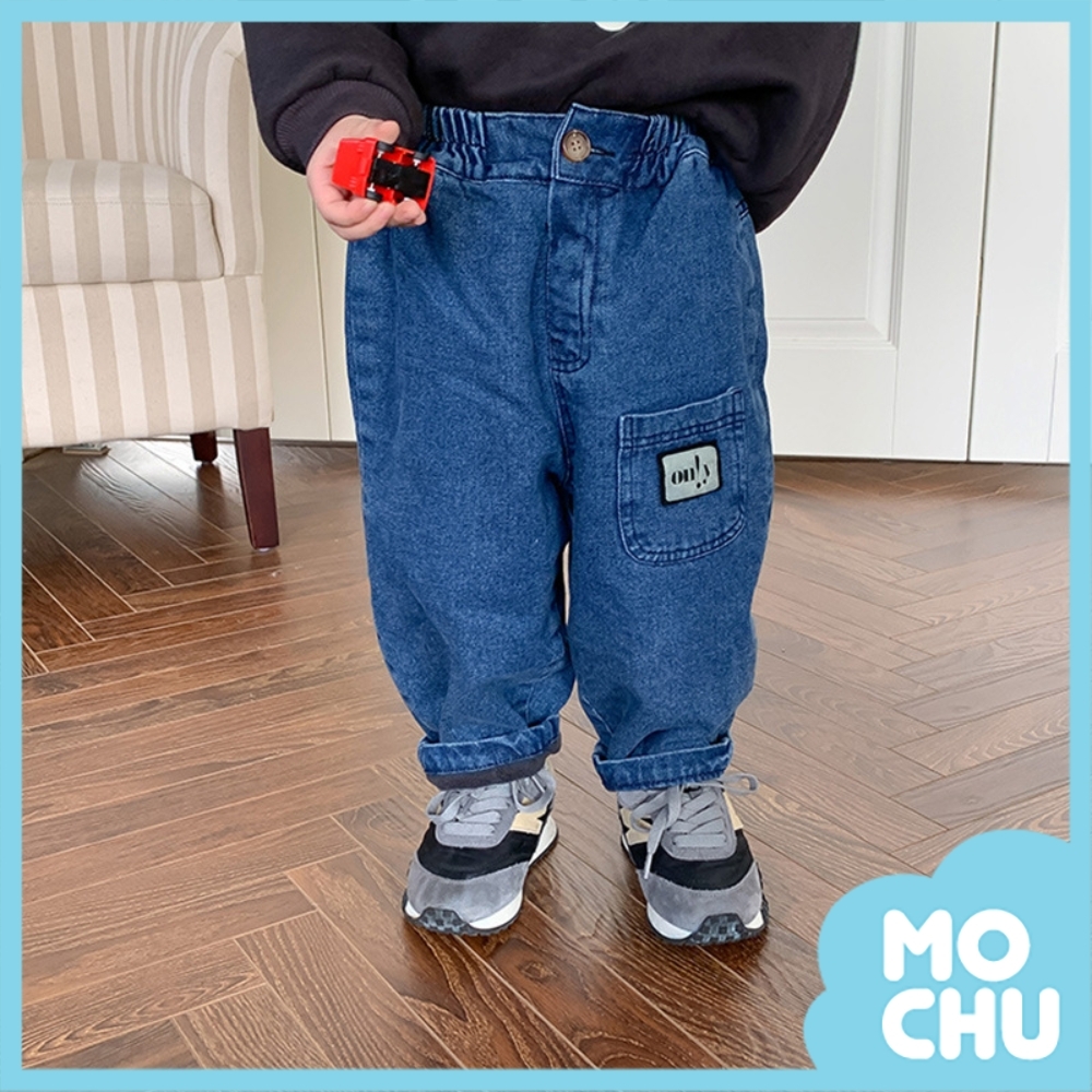 貼標口袋藍色加絨長褲