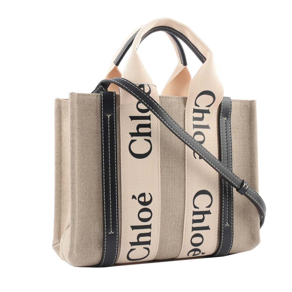 【Chloé】Woody 帆布拼牛皮手提/斜背小款二用托特包