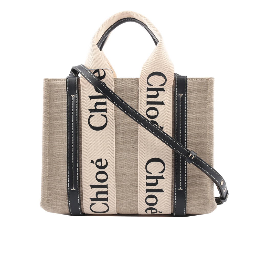 【Chloé】Woody 帆布拼牛皮手提/斜背小款二用托特包