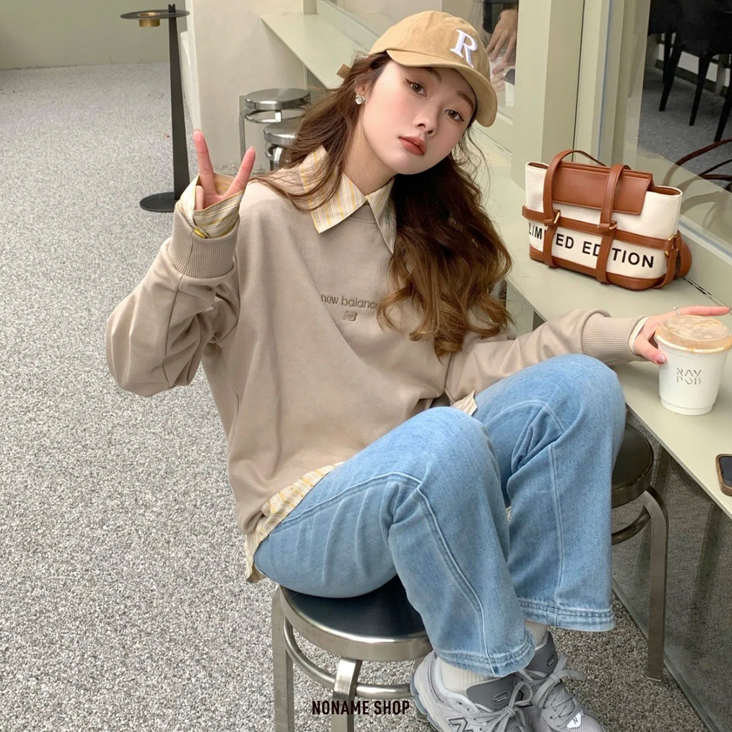 NEW BALANCE 刺繡 LOGO 大學T 奶茶色 (男款)