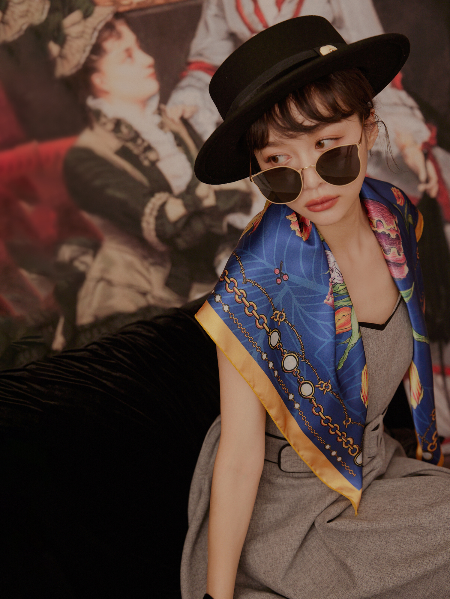 Muchat x Ounce 聯名浮世花卉絲巾-藍