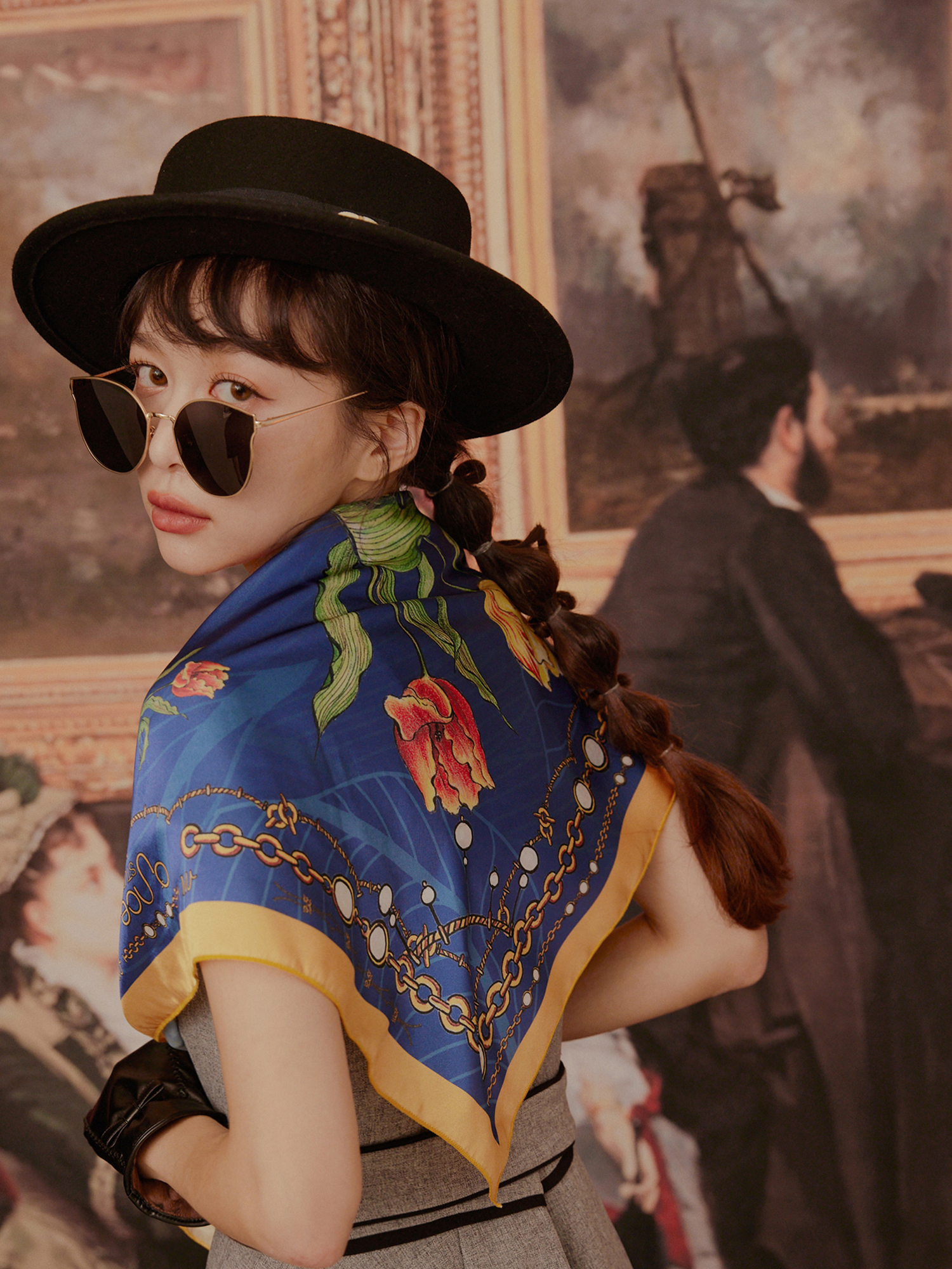 Muchat x Ounce 聯名浮世花卉絲巾-藍