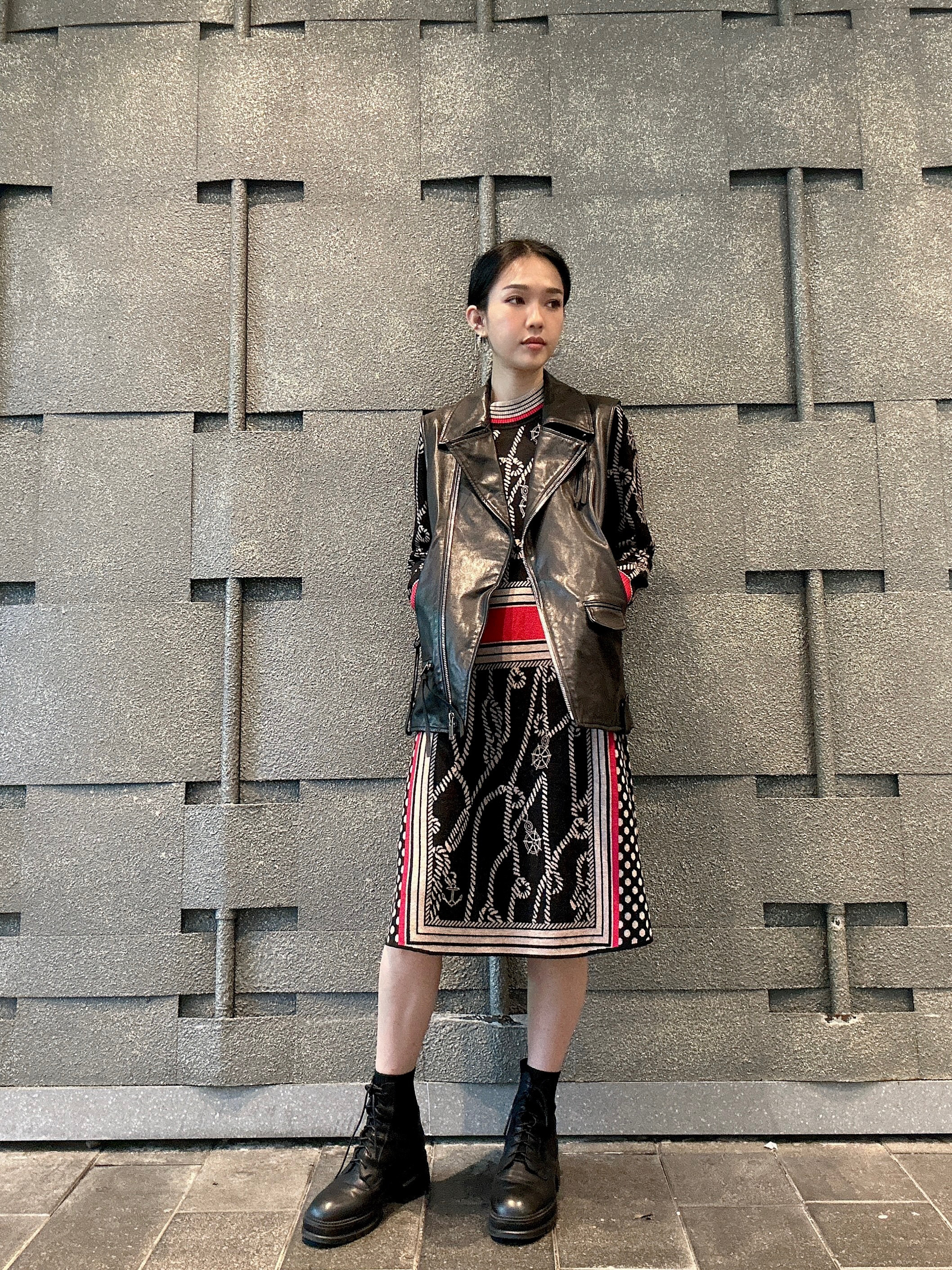 復古繩波點紅邊針織連身裙