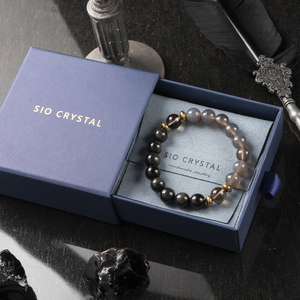 能量手鍊【非凡-雪夜】黑曜石+茶水晶+灰瑪瑙手鍊