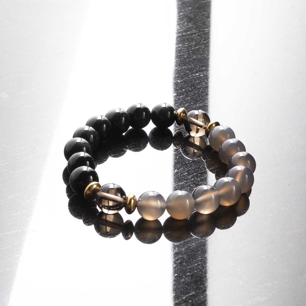 能量手鍊【非凡-雪夜】黑曜石+茶水晶+灰瑪瑙手鍊