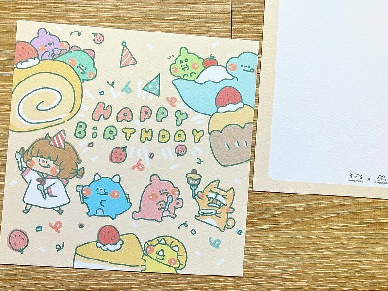 狗狗的小跳步，繪蹦砰｜方形明信片｜生日草莓蛋糕捲