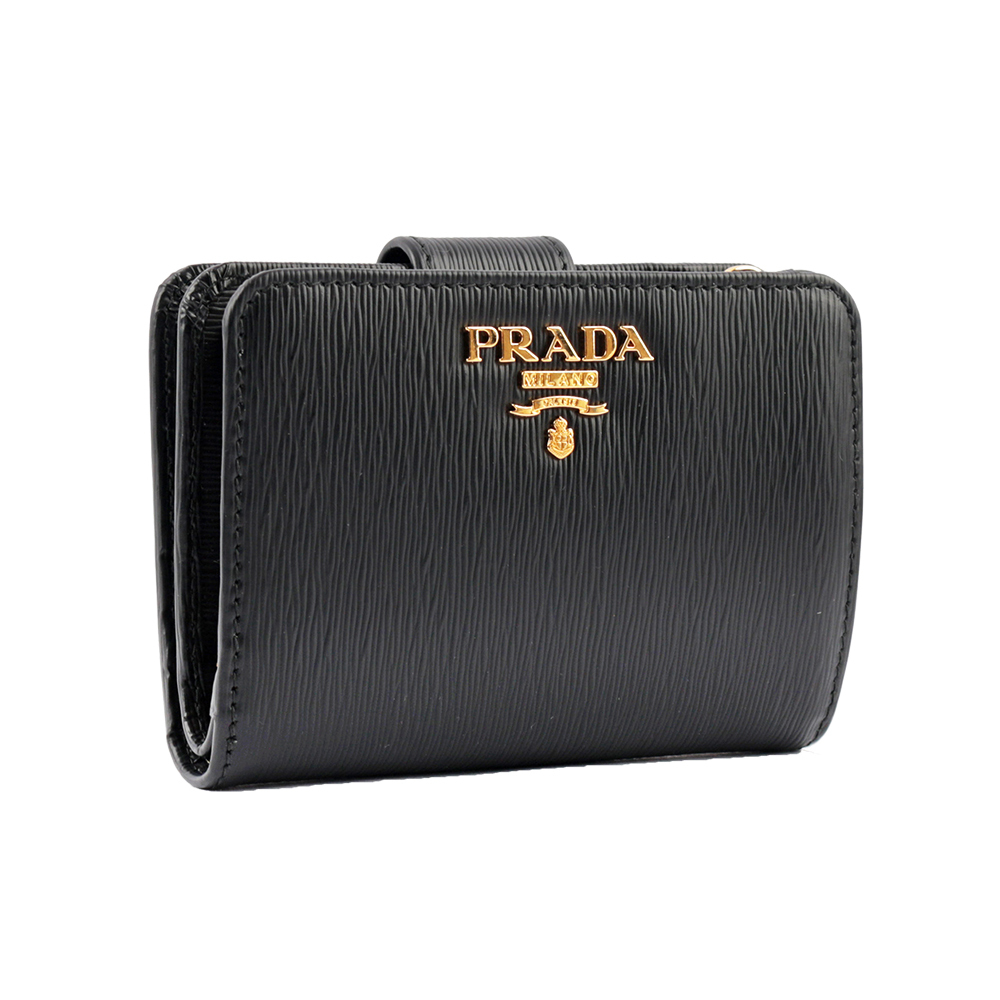 【Prada】浮雕Logo水波紋拉鍊釦式厚款零錢短夾(黑色)