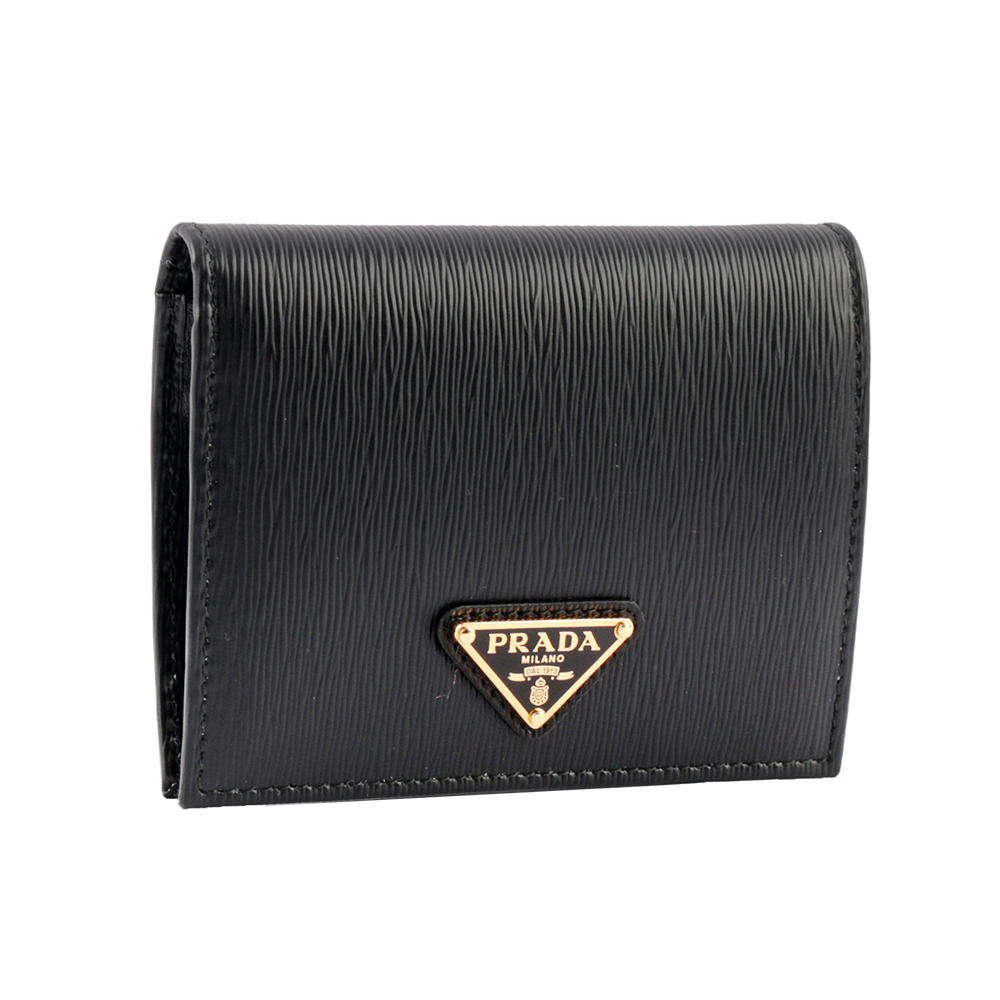 【Prada】三角牌LOGO水波紋皮革零錢袋短夾(黑色)