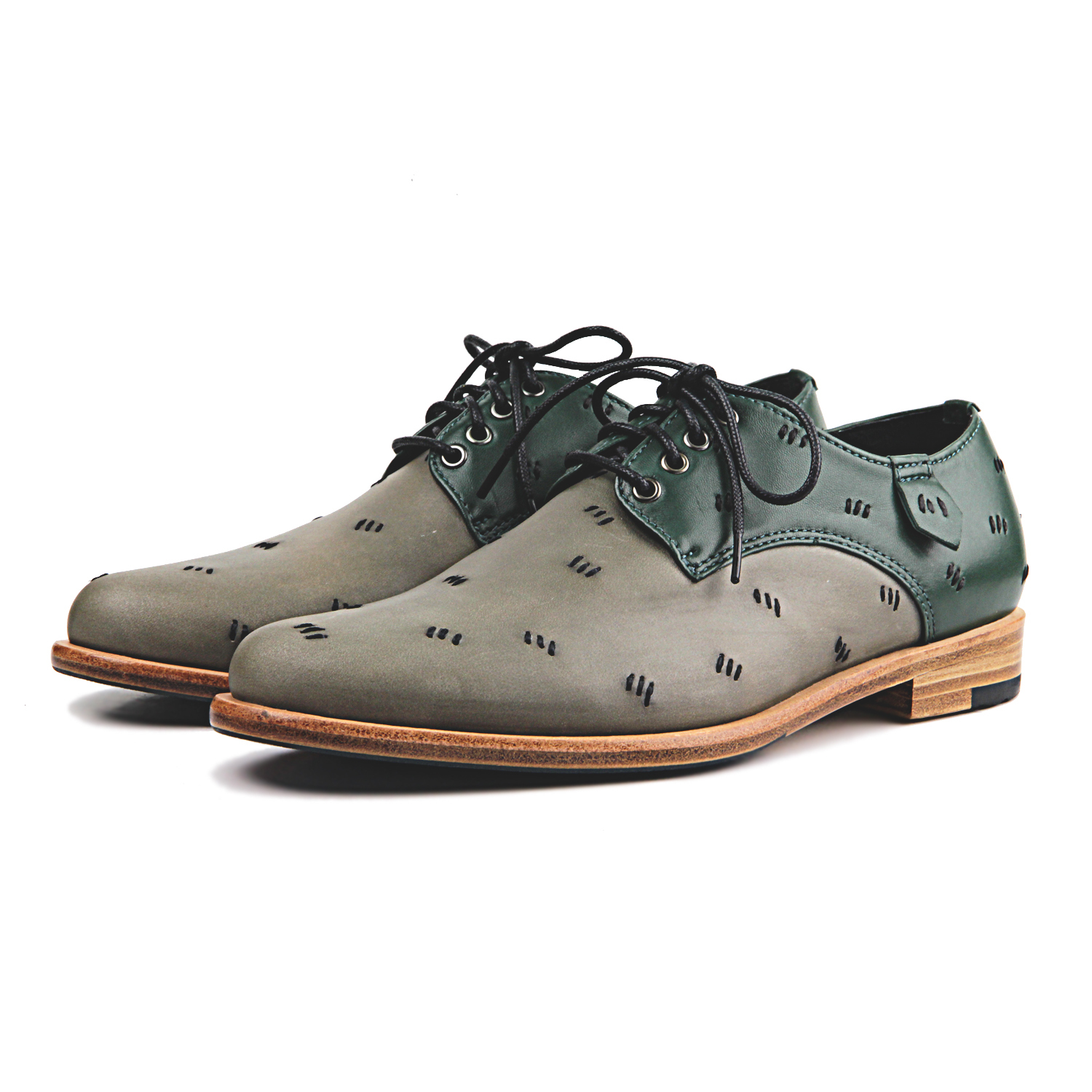 Snowdrop M1091CC Stitching Green Leather Derby Shoes