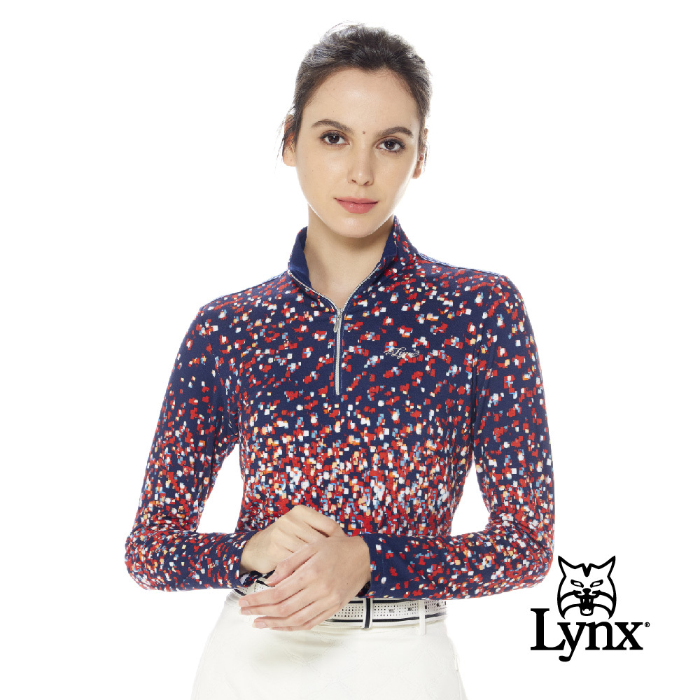 【Lynx Golf】女款歐洲進口布料數位繽紛方塊花色肩膀緞帶設計長袖立領POLO衫