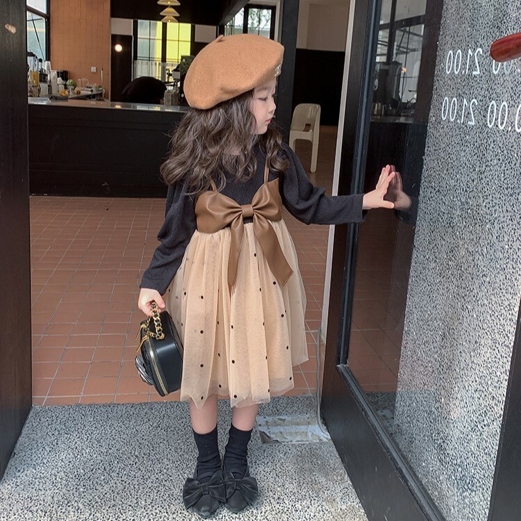 現貨 80cm 假兩件蝴蝶結拼接紗裙洋裝 80-140cm # dy846