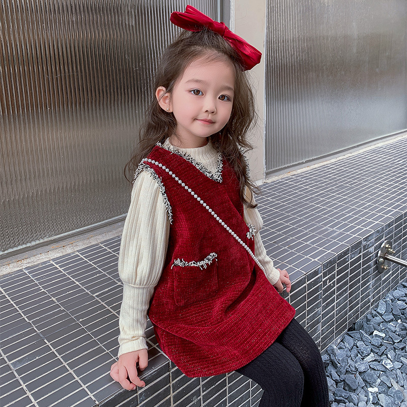 <加絨款> 小香風公主連身裙+泡泡袖上衣 兩件組 紅色 90-140cm #82221