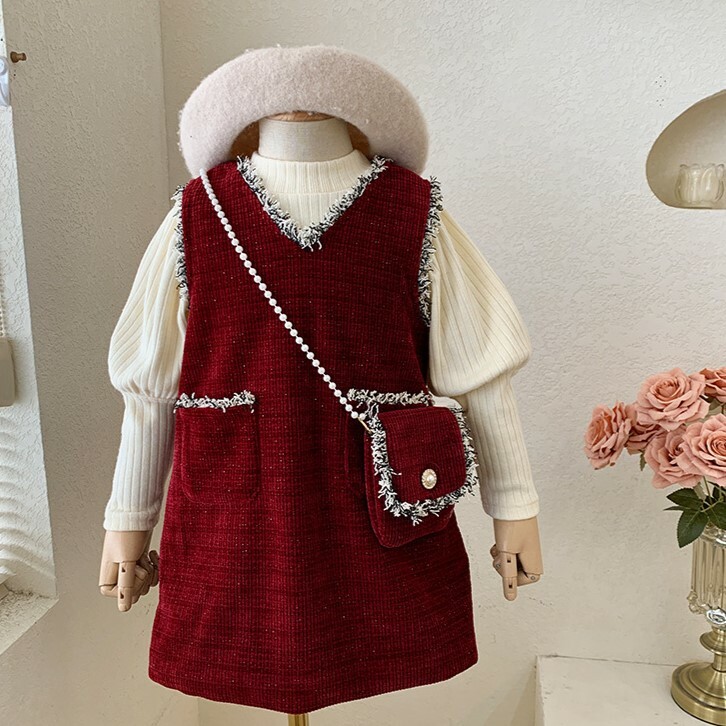 <加絨款> 小香風公主連身裙+泡泡袖上衣 兩件組 紅色 90-140cm #82221