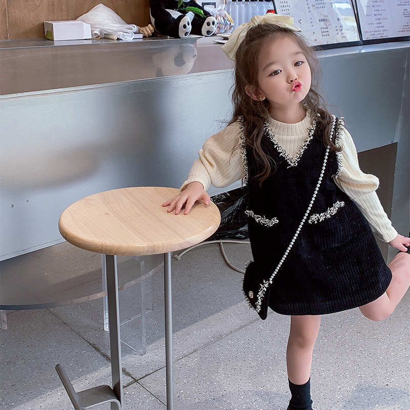 <加絨款> 小香風公主連身裙+泡泡袖上衣 兩件組 黑色 90-140cm #82221