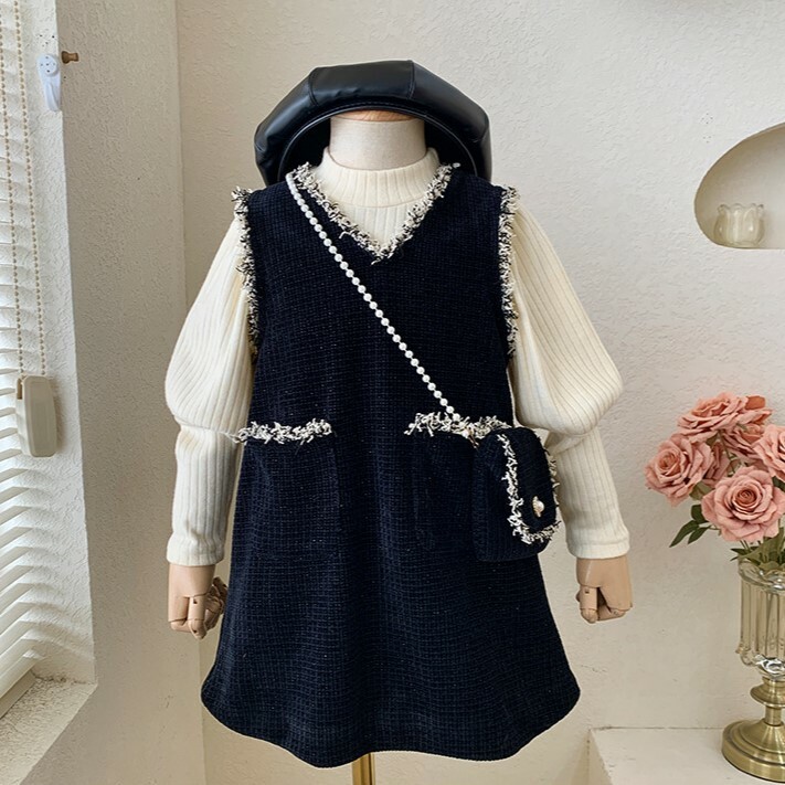 <加絨款> 小香風公主連身裙+泡泡袖上衣 兩件組 黑色 90-140cm #82221