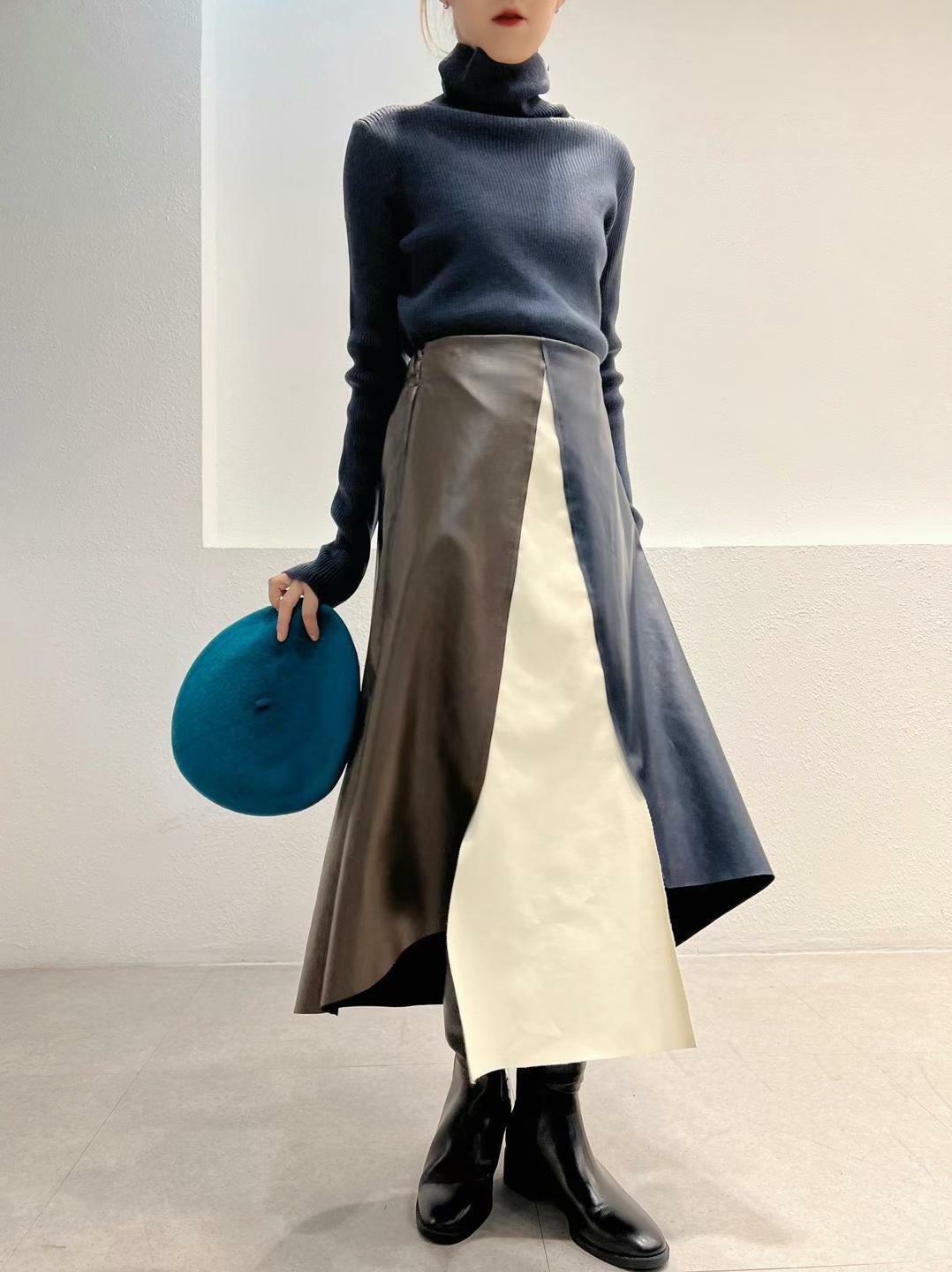 #1804 後橡筋三拼色仿皮半裙