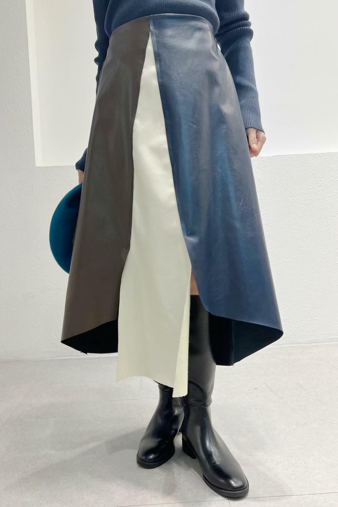 #1804 後橡筋三拼色仿皮半裙