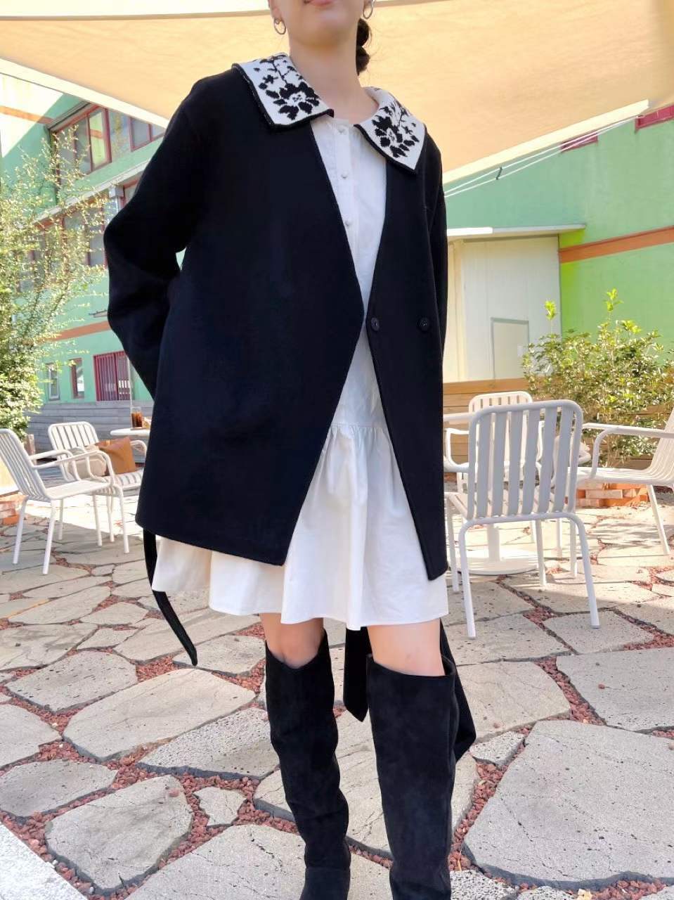 #1819 拼針織花花領泡泡袖連身裙