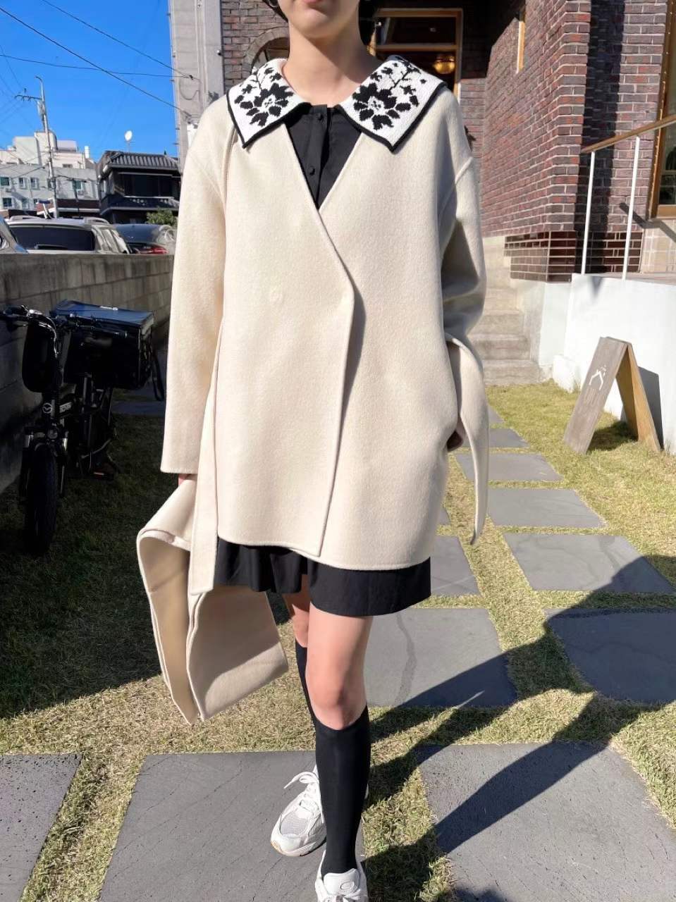 #1819 拼針織花花領泡泡袖連身裙