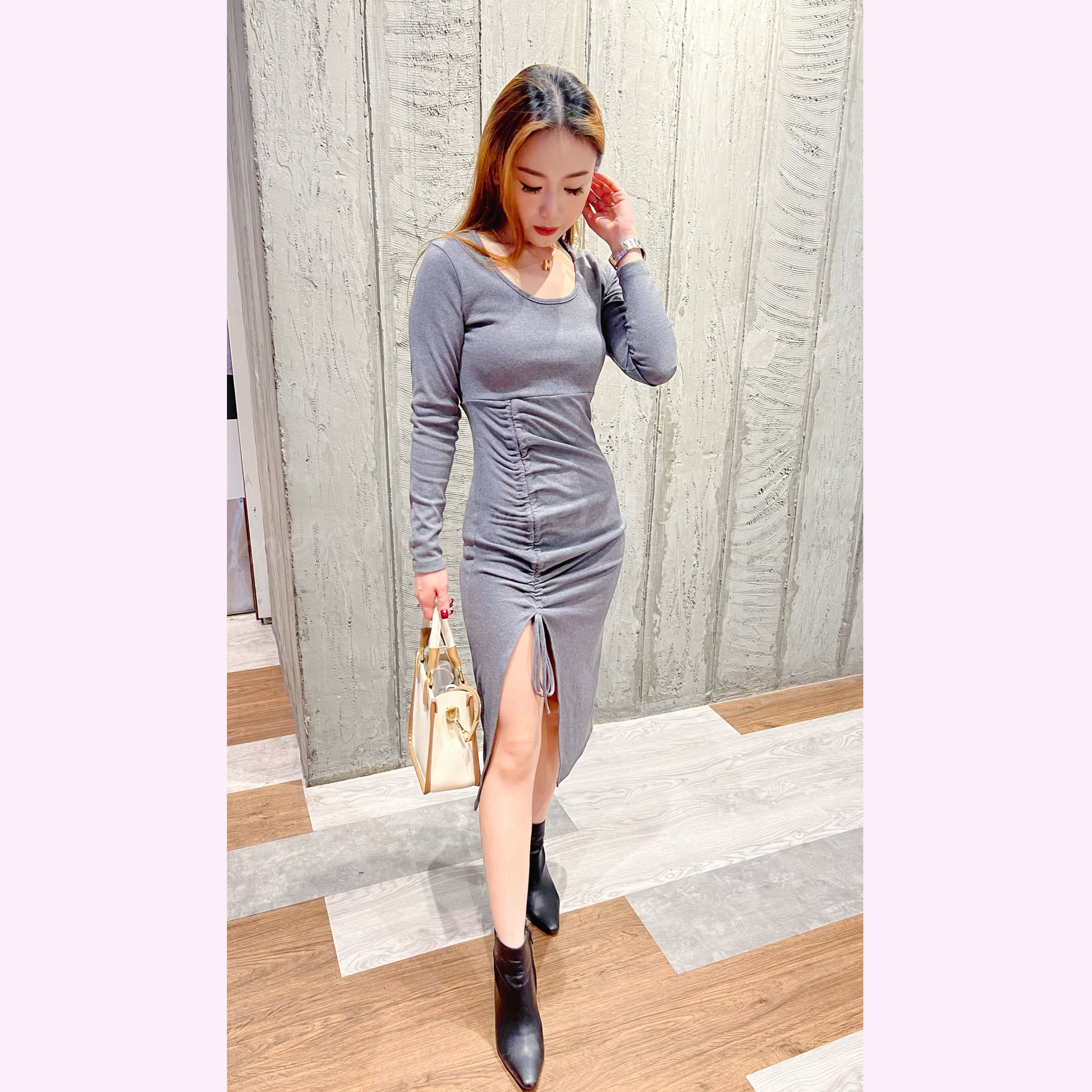 寵粉系列: DR22W1226 COTTON CPLIT DRAWSTRING LONG DRESS