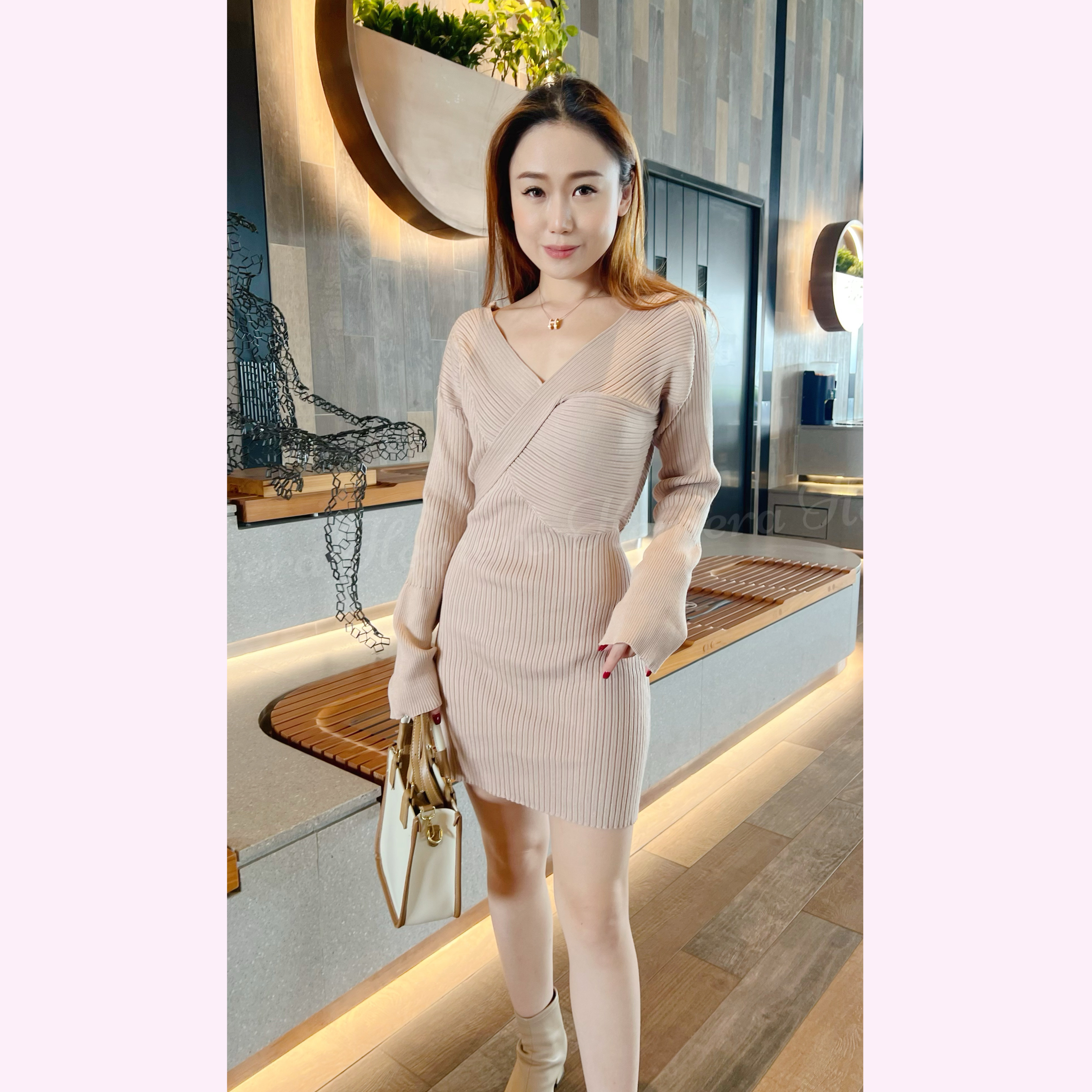 DR22W1233 BUST BOOST V-NECK BACK STRAPPY ELASTIC DRESS