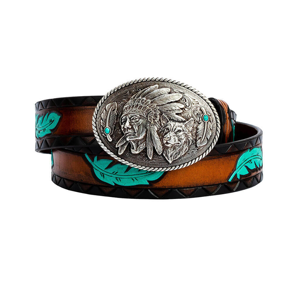 印地安傳奇經典雕刻羽毛 潮牌真皮皮帶-快速出貨