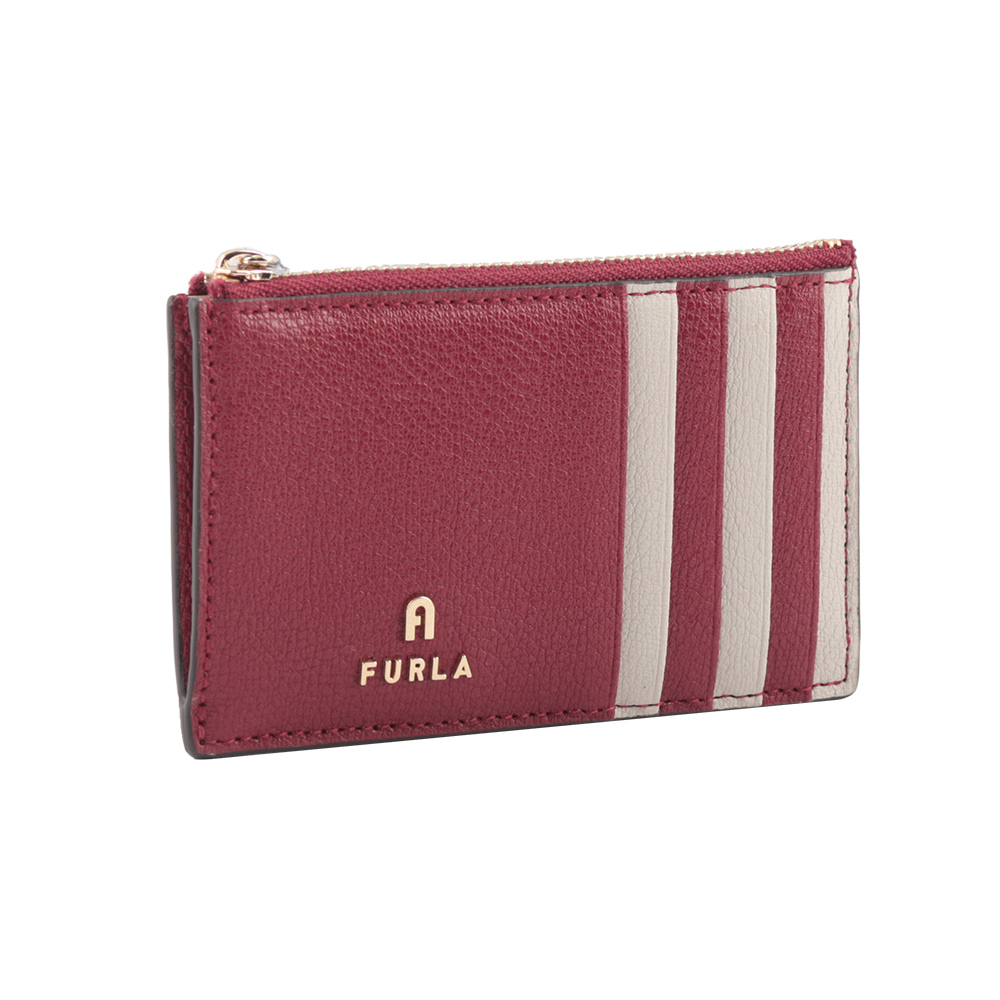 【FURLA】Magnolia 拱門標誌牛皮拉鍊拼色卡夾/零錢包(櫻桃紅/珍珠灰)