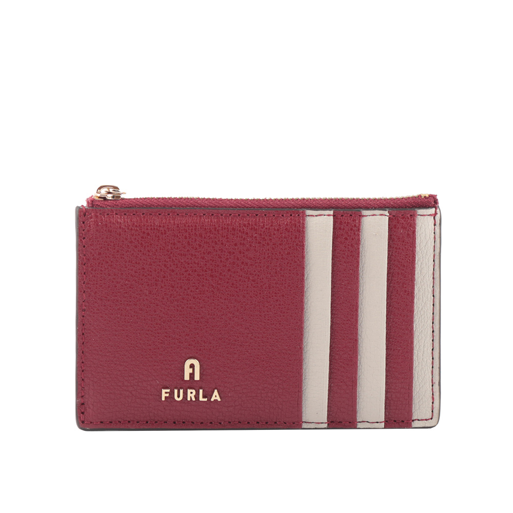 【FURLA】Magnolia 拱門標誌牛皮拉鍊拼色卡夾/零錢包(櫻桃紅/珍珠灰)