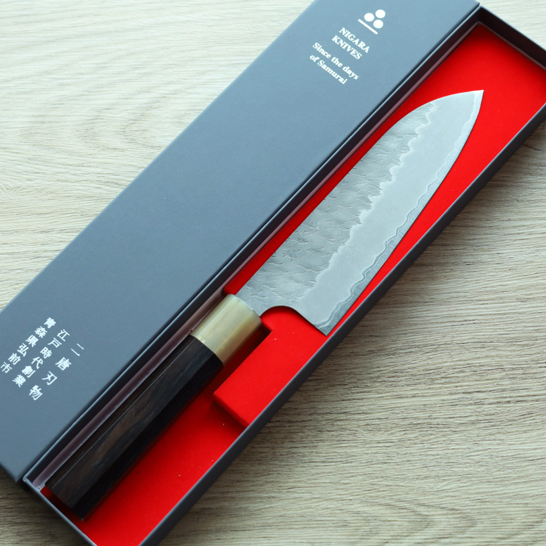 二唐刃物 三德 165mm 青紙超級鋼 柳葉磨鎚目