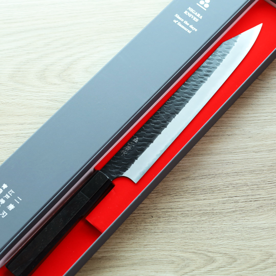 二唐刃物 切付筋引 255mm SG2 黑打鎚目