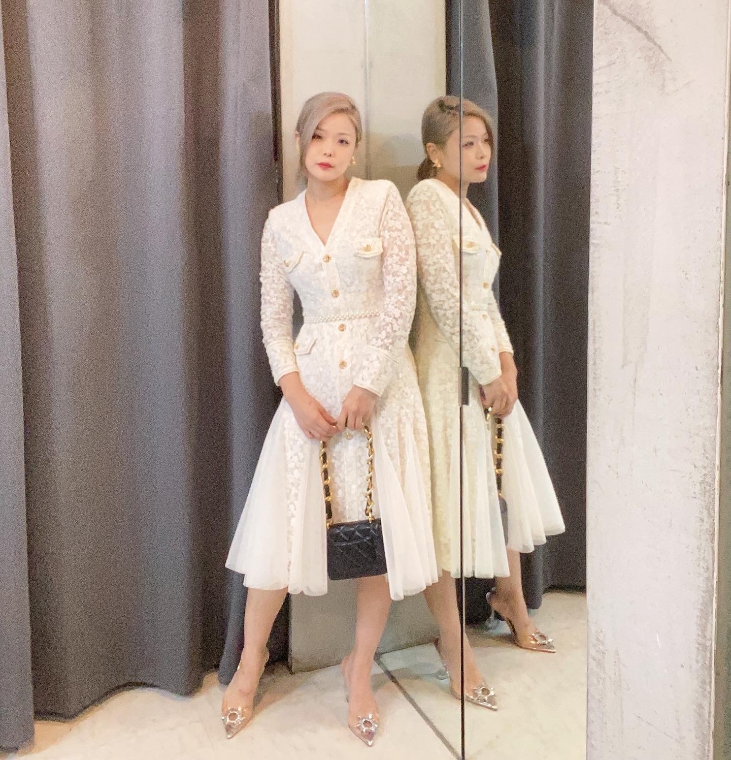 花瓣蕾絲刺繡 網紗魚尾長洋裝(附腰帶)