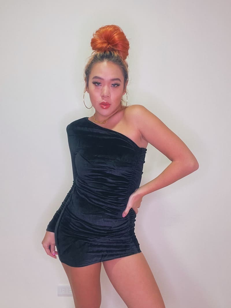 單肩黑色絨面洋裝/S