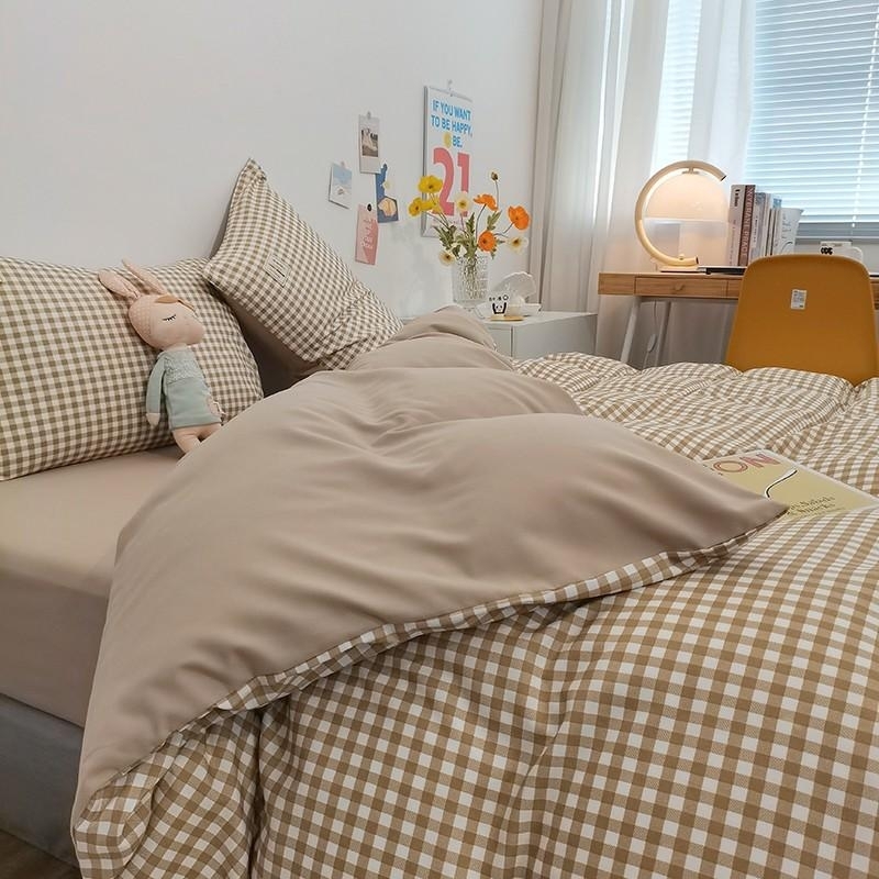 拼接水洗棉 【奶油格子】 床單床包組