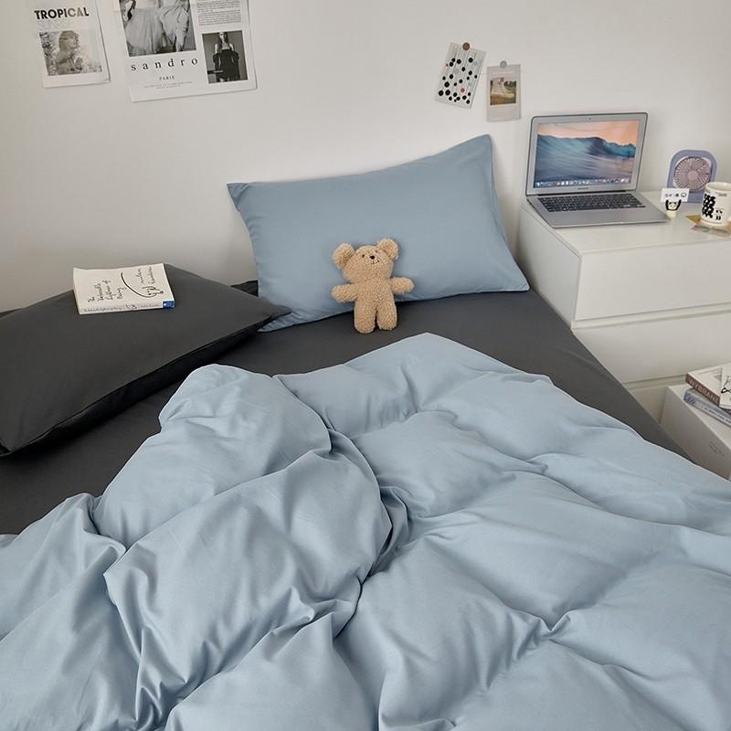 拼接色水洗棉 【天空藍深灰】 床單床包組