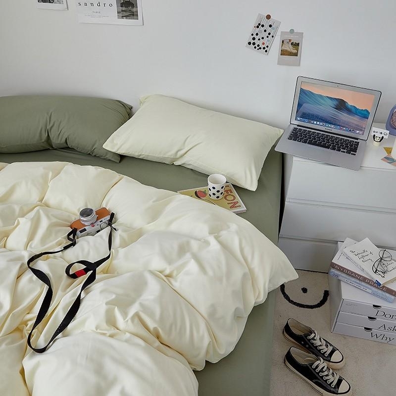 拼接色水洗棉 【奶黃豆綠】 床單床包組