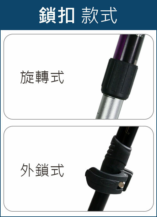 登山杖鎖扣款式：旋轉式、外鎖式