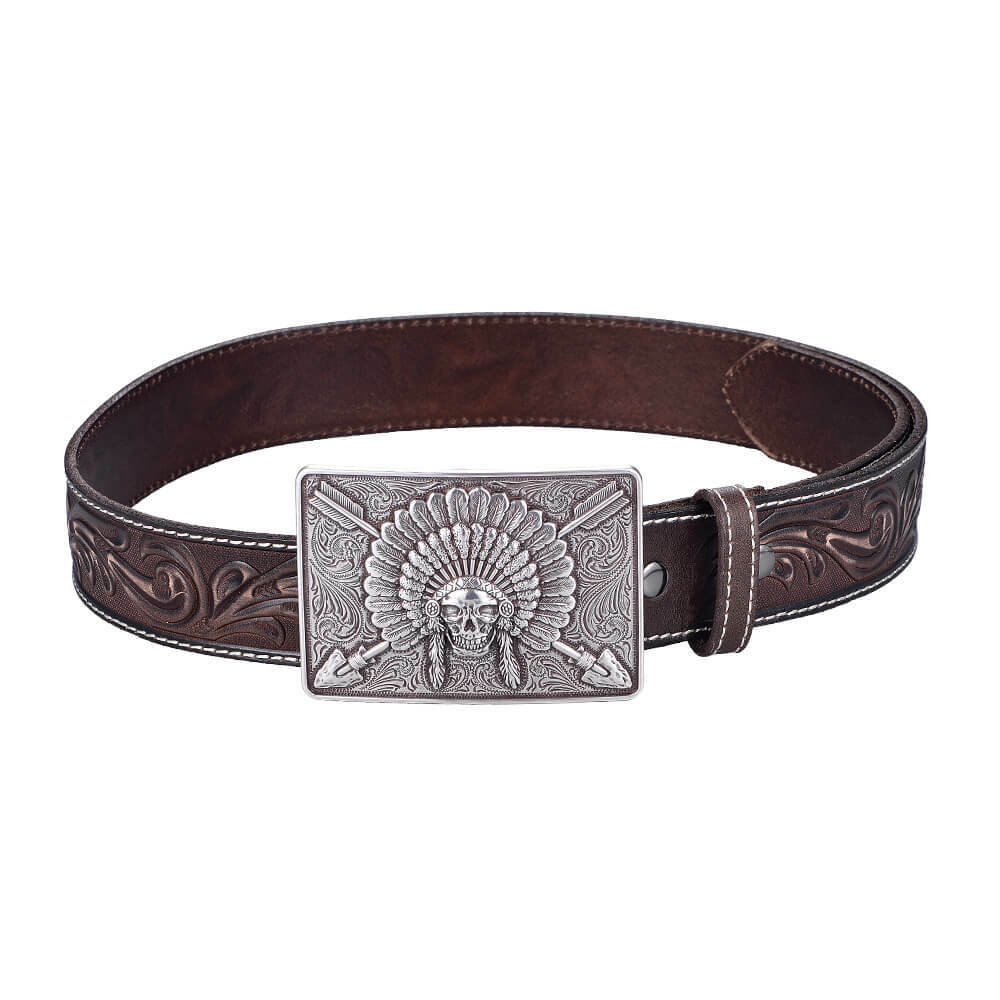 印第安滾骷髏頭酋長板扣 潮牌真皮皮帶-快速出貨