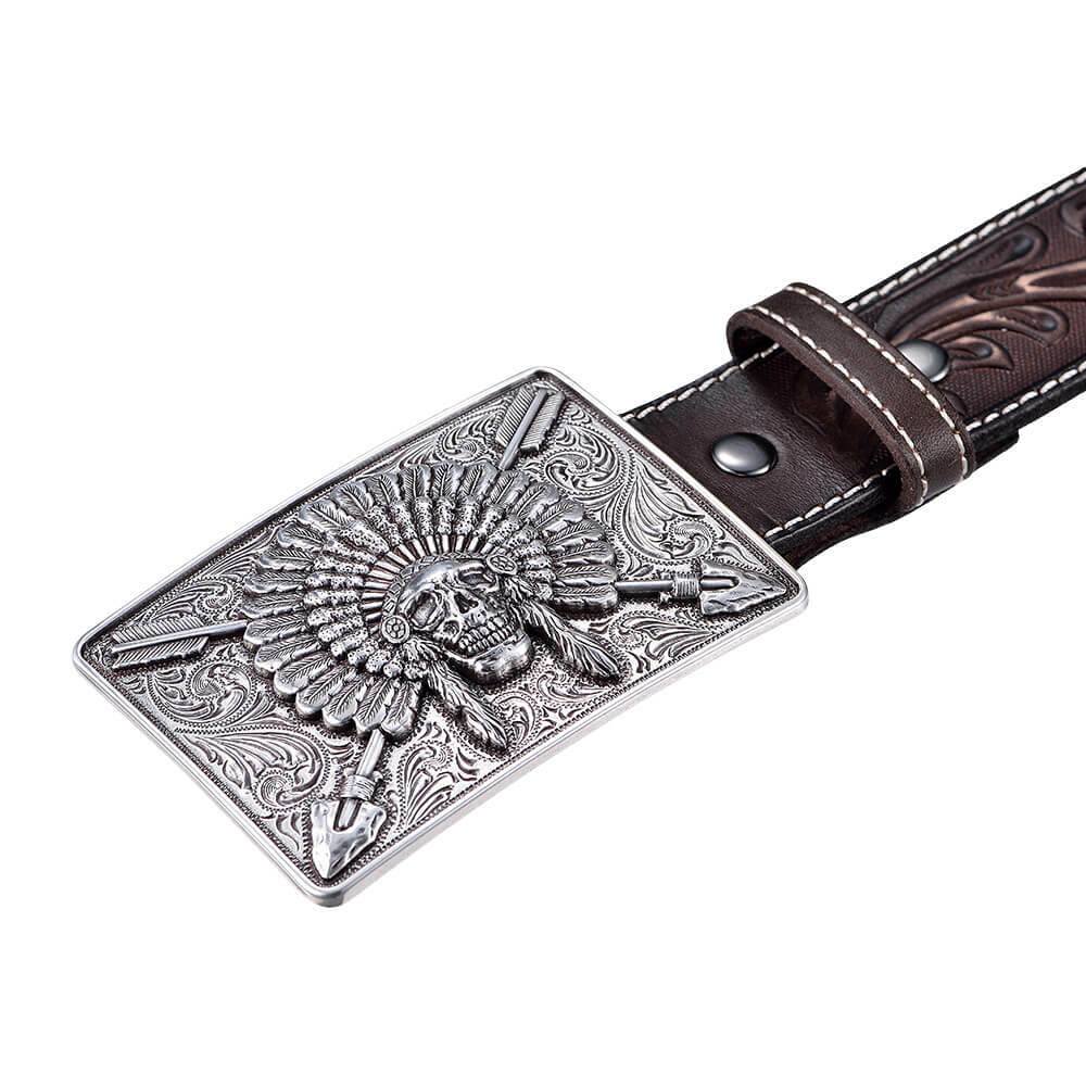 印第安滾骷髏頭酋長板扣 潮牌真皮皮帶-快速出貨