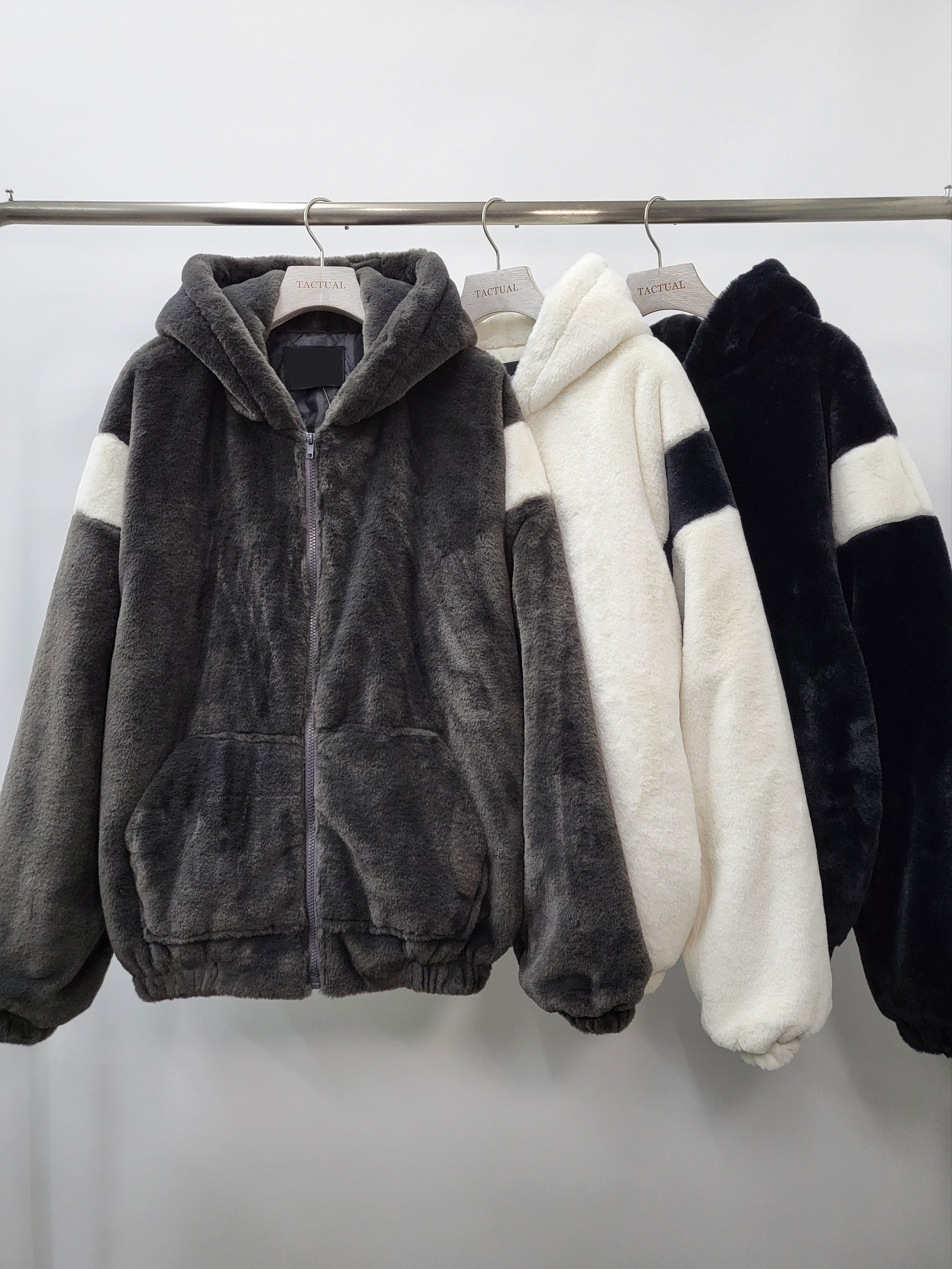 拼色連帽拉鍊毛毛褸(薄夾棉) JK2229