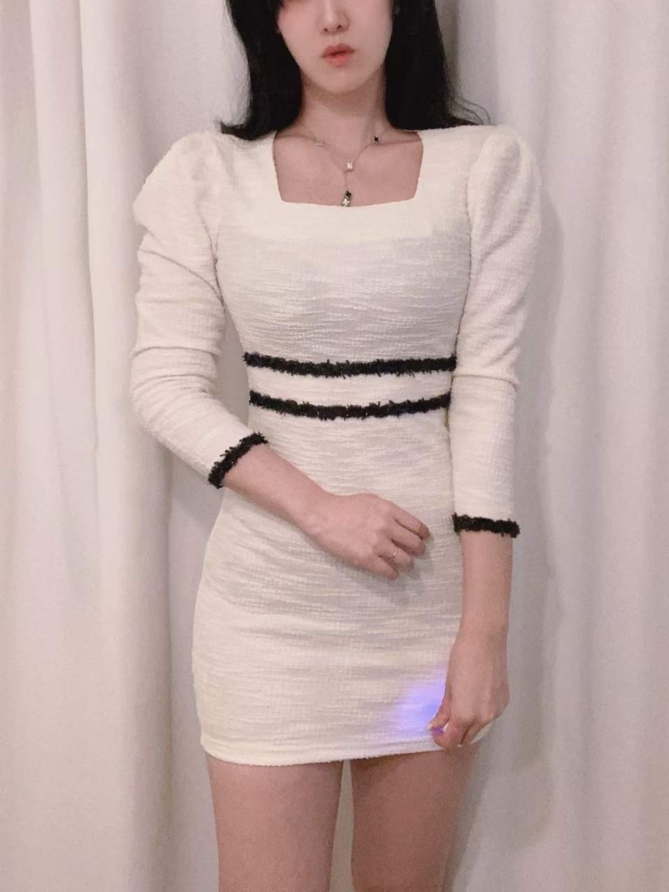 DR22W1257 COCO STYLE TWEED SOSO DOUBLE WAIST LINE DESIGN DRESS