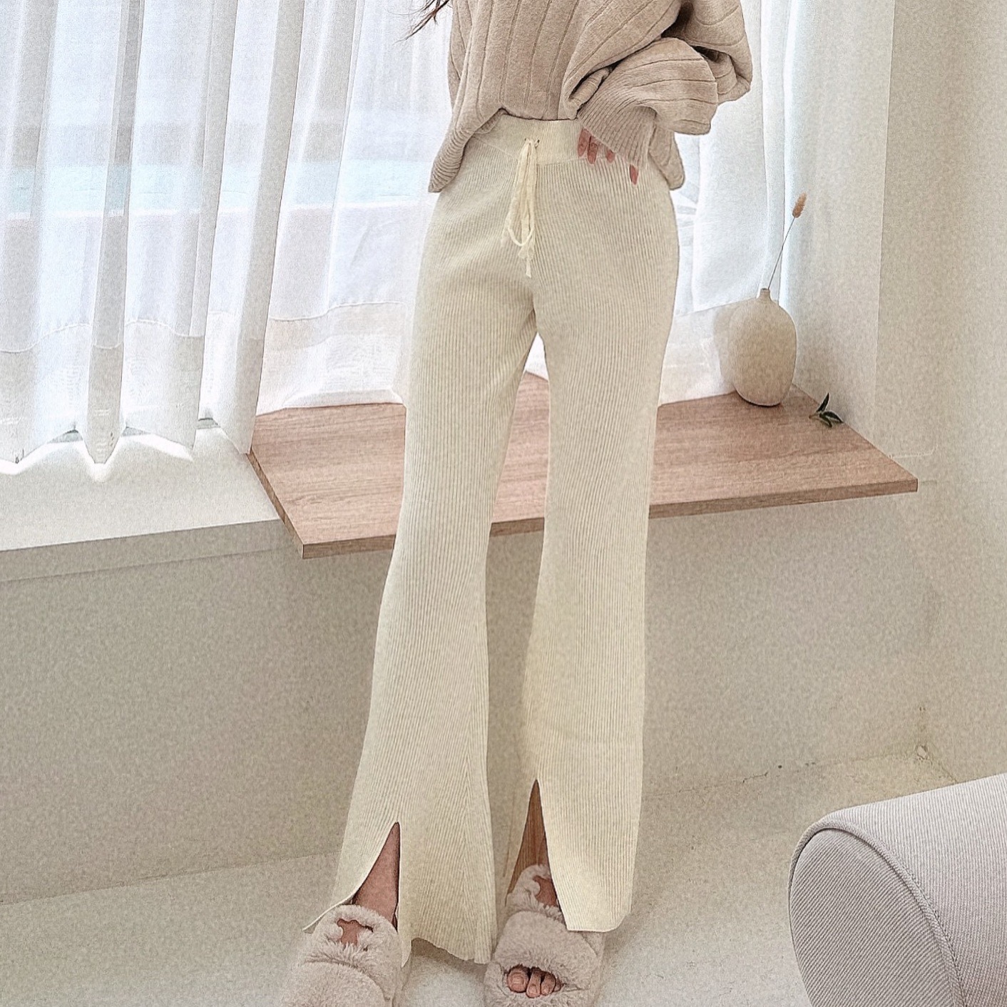 親膚前衩綁繩針織寬褲/四色